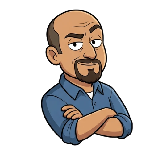Cartoon of a man with folded arms and a raised eyebrow, unconvinced.