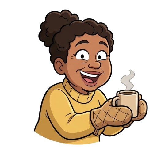 Cartoon of a beaming older woman holding out a mug of coffee.