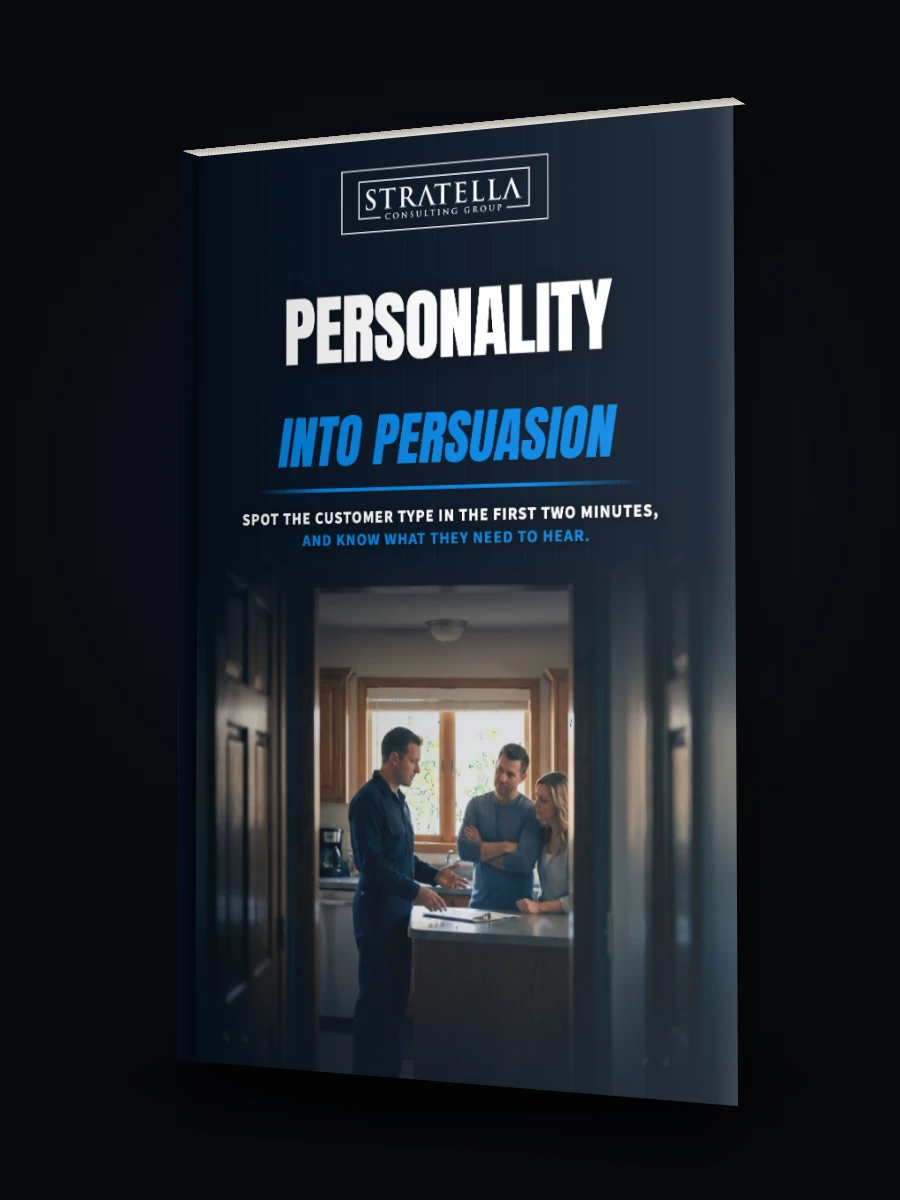 A softcover reading “Personality Into Persuasion”, showing a technician talking with two homeowners in a kitchen.